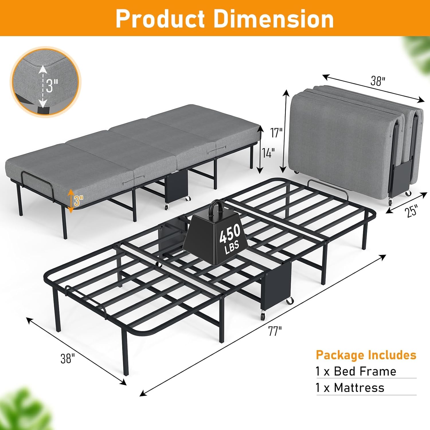 SADENICEL Folding Bed with Mattress for Adults, Twin Size, Portable Foldable Roll Away Bed on Wheels, Memory Foam Mattress and Super Strong Frame, Space Saving Fold Up for Easy Storage, 75" x 38"