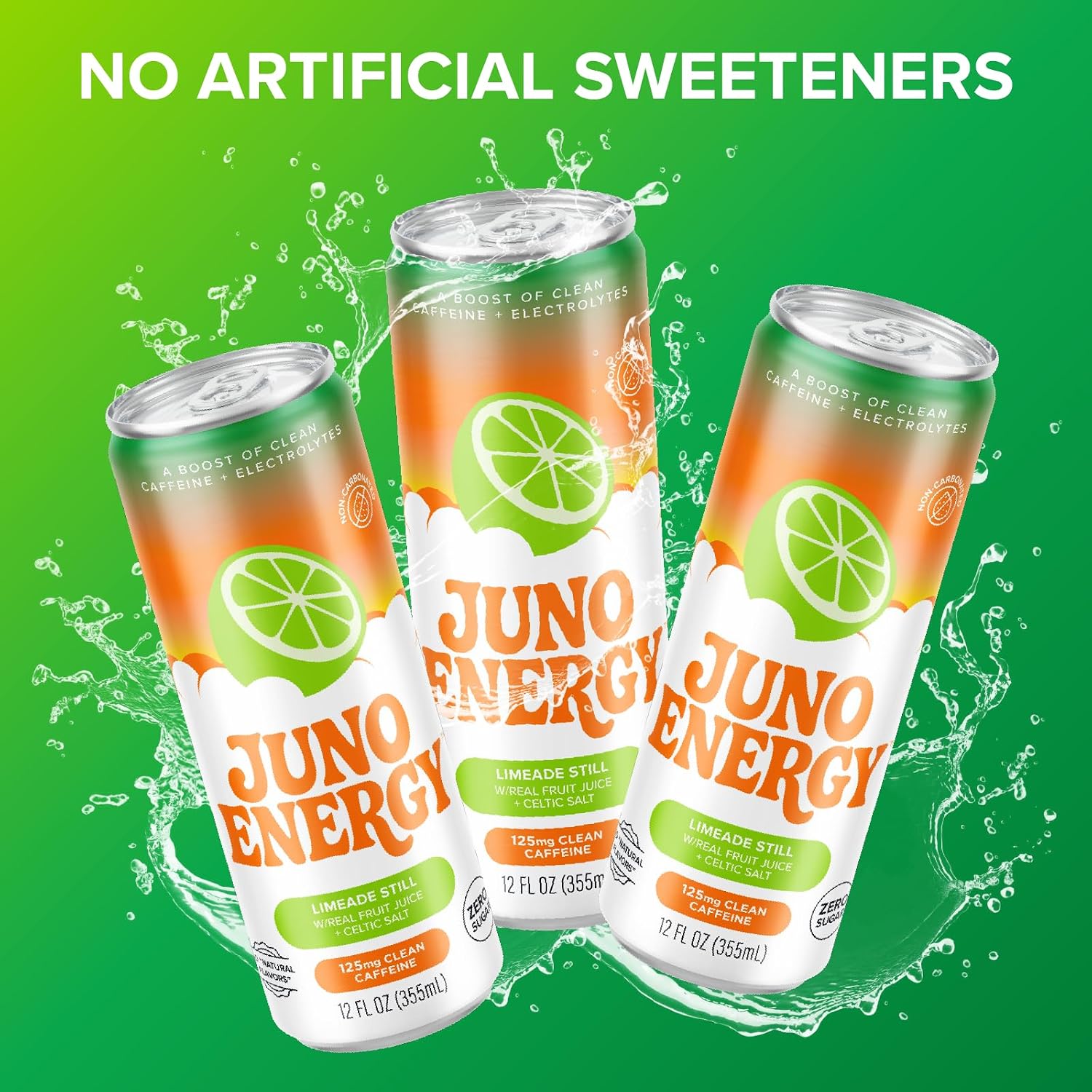 JUNO ENERGY Limeade Still Energy Drink - Sugar Free, 125mg Organic Caffeine from Green Coffee Beans, Hydrating with Stevia, Organic Lime Juice - Vegan, Gluten Free, 12 Pack