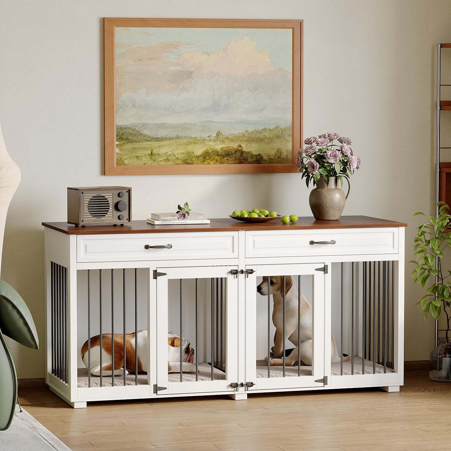 Hundekäfig Schrank XXL, Hundekäfig mit 2 Schubladen und 2 Türen, Hundebox für Zuhause Große/Mittlere Hunde,Beistelltisch, Hundehütte Indoor, Hundehaus für Zuhause, Weiß, 164 x 60 x 80 cm, Eisen
