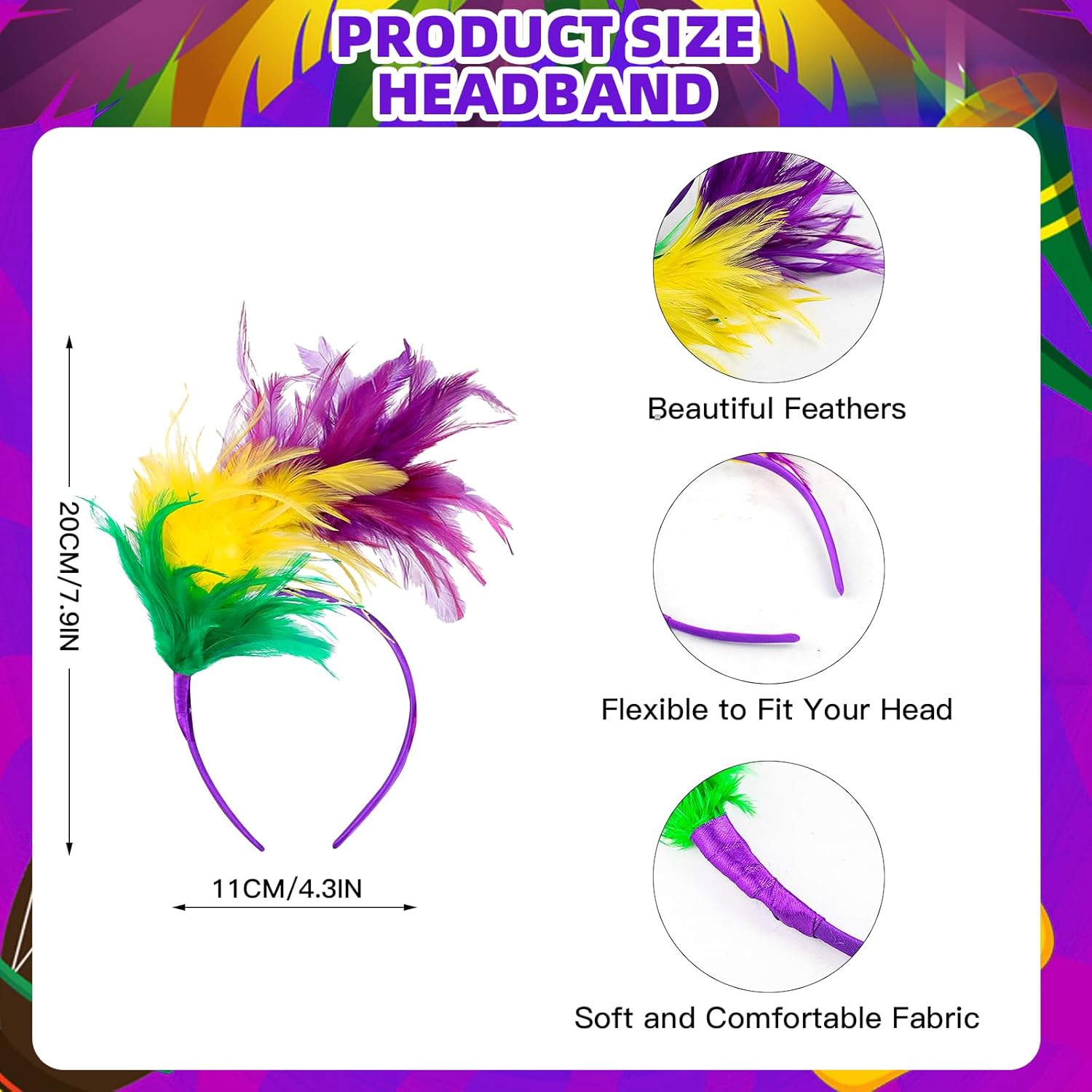 4PCS Mardi Gras Accessory Set Include Mardi Gras Furry Leg Cover Feather Headband and Mardi Gras Glasses, Mardi Gras Party Costume Outfit Set - Image 3