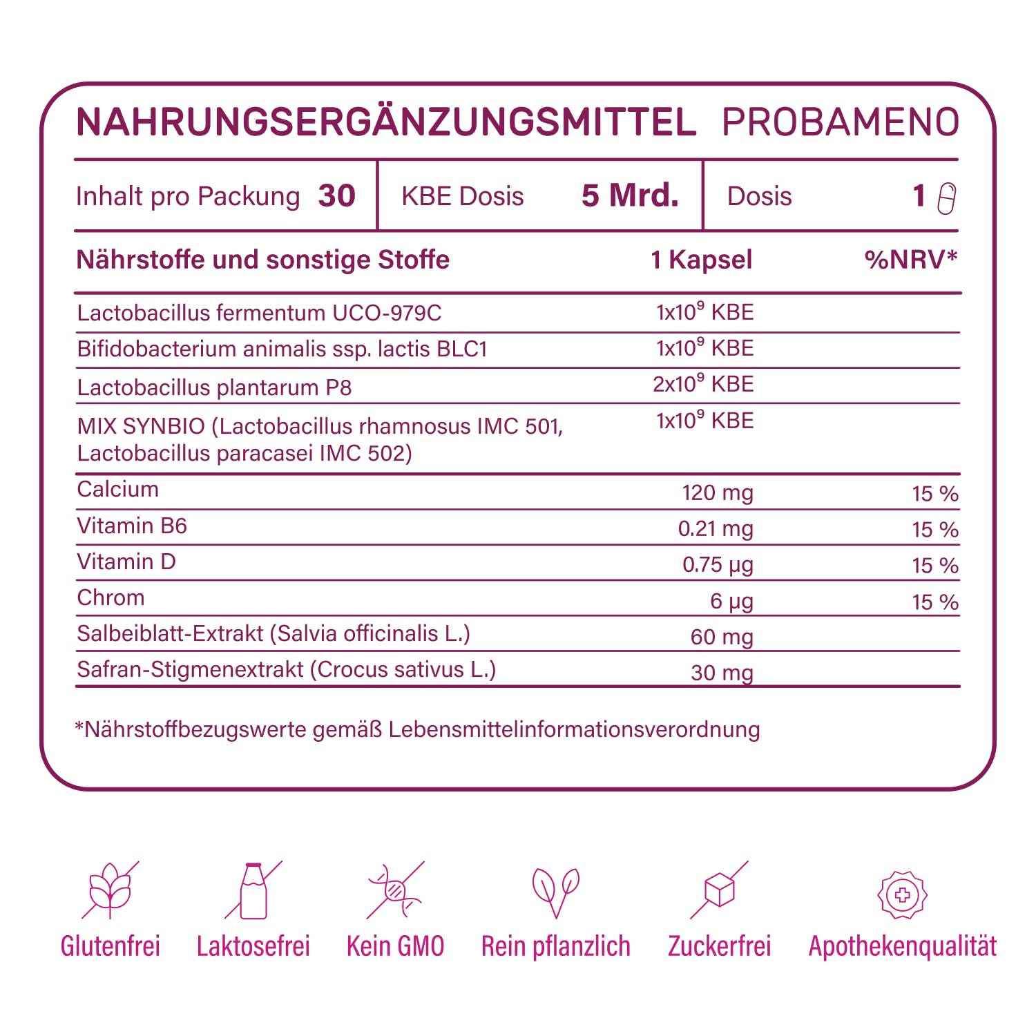 Nupure® Probameno Meno Komplex Wechseljahre Kapseln 11 in 1 PRO Unterstützung bei Menopause, Rezeptur mit Salbei, Safran, 5 klinisch getesteten Bakterienstämmen, 5 Mrd. KBE, Vegan, 30 Kapseln