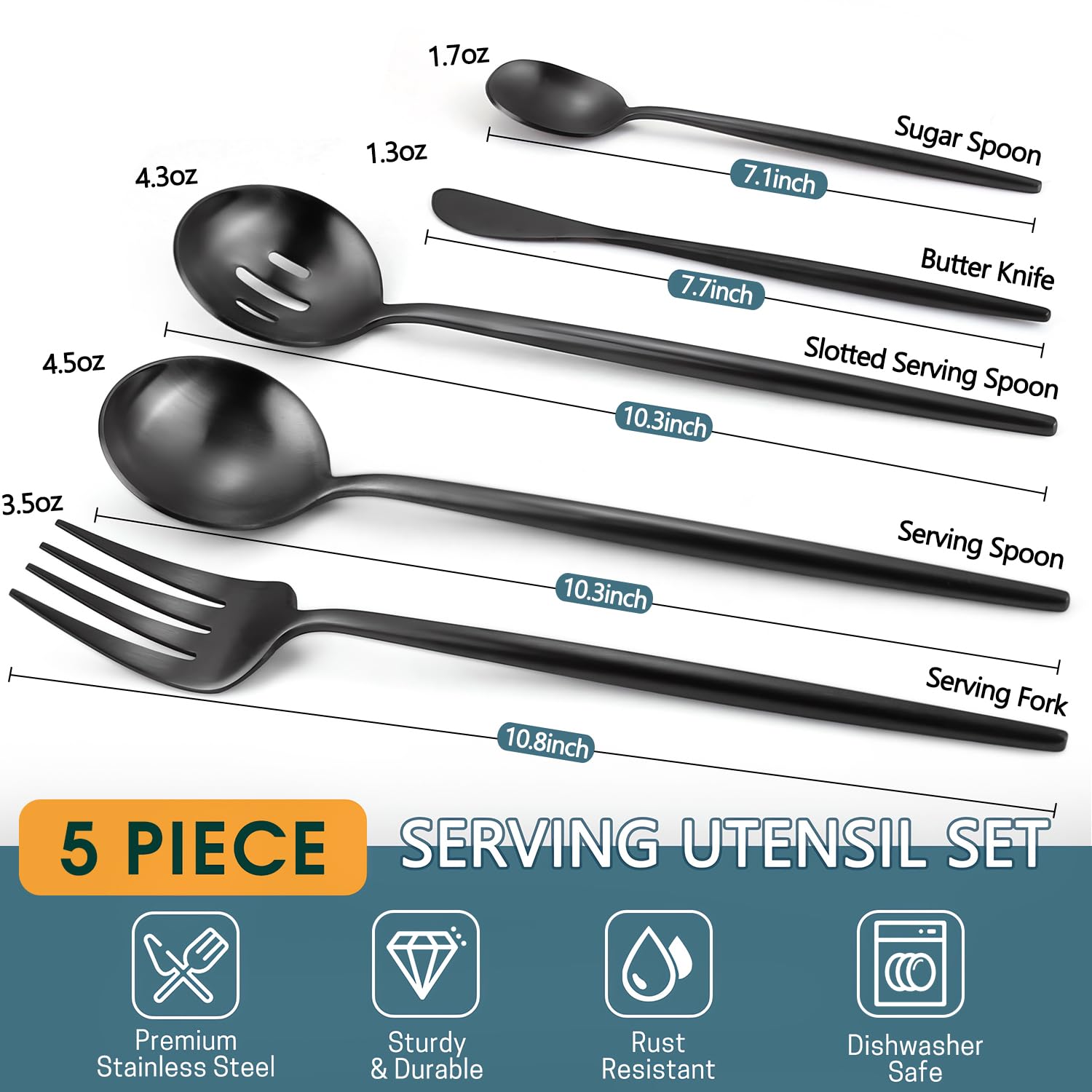 5-Piece Matte Black Stainless Steel Serving Utensils Set - Large and Slotted Spoons, Fork, Sugar Spoon, Butter Knife - Dishwasher Safe