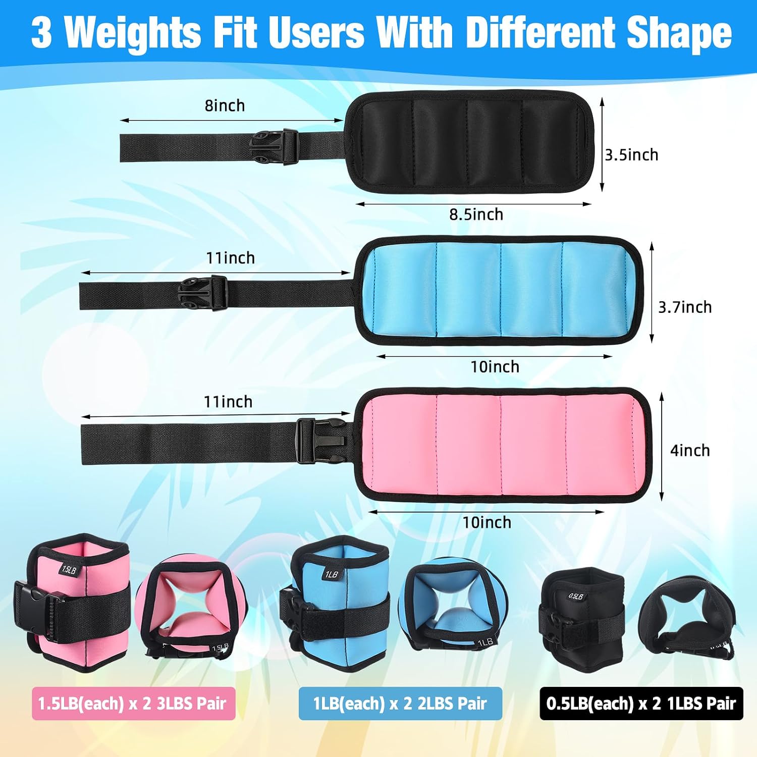 Arrowbash 3 Pairs Ankle Weights for Men Women 0.5lb/1lb/1.5lb Adjustable Swimming Ankle Wrist Weights Bands Set for Pool Aqua Cuffs Aerobics Fitness Jogging Walking Running Yoga
