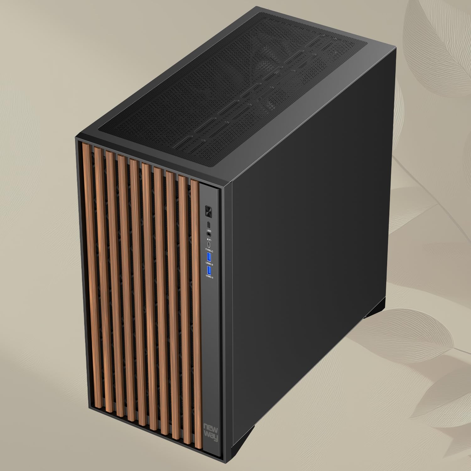NEWWAY - NW1 Boitier PC Façade en Bois - Moyen Tour Compatible ATX/Micro-ATX/ITX - Type C USB - Ventilateurs Inclus 3x140MM PWM - Panneau latéral Verre tempéré (Noir)