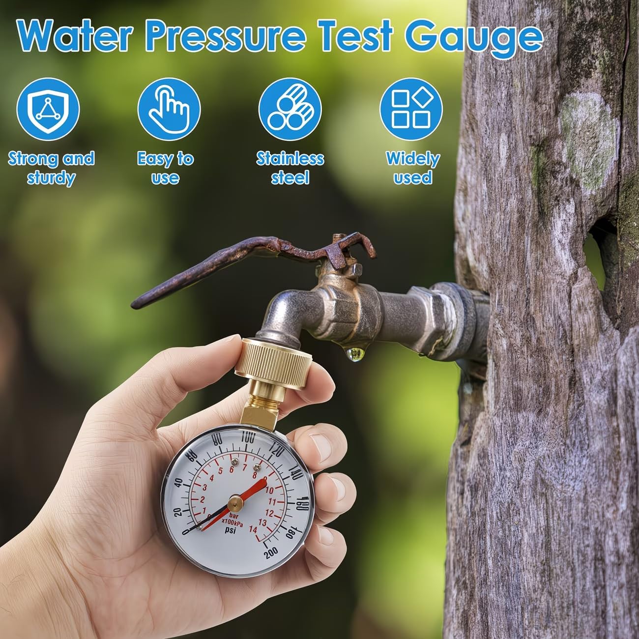 Water Pressure Gauge with Plumber's Tape TS-60-200PSI, Water Pressure Testing Gauge, Compact Diameter Pressure Gauge for Faucets and Garden Hoses