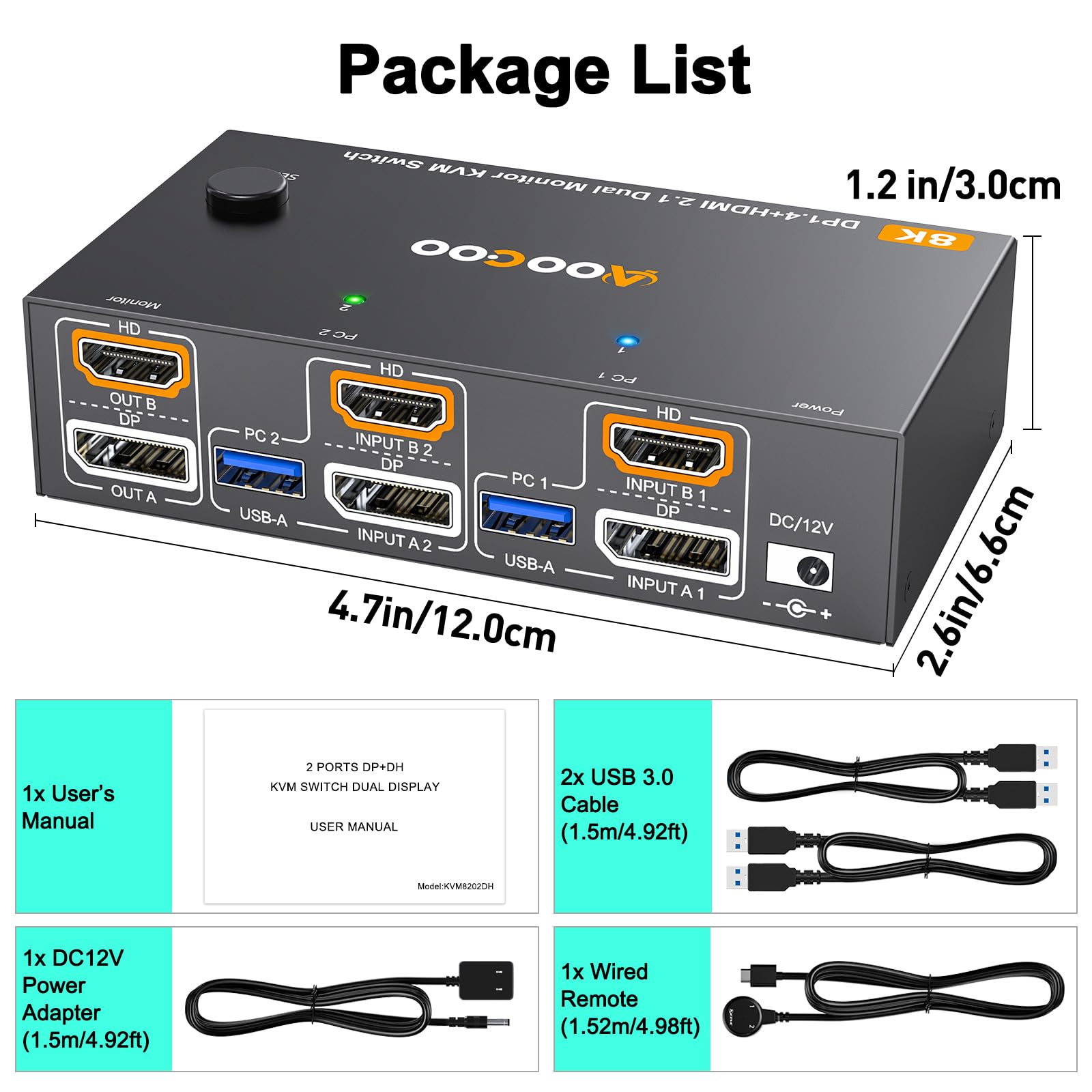 KVM Switch HDMI DP 8K@60Hz/4K@144Hz, HDMI DP KVM Switch für 2 Computer 2 Monitore und 4 USB3.0-Geräte teilen, Kabelfernbedienung und USB-Kabel im Lieferumfang enthalten