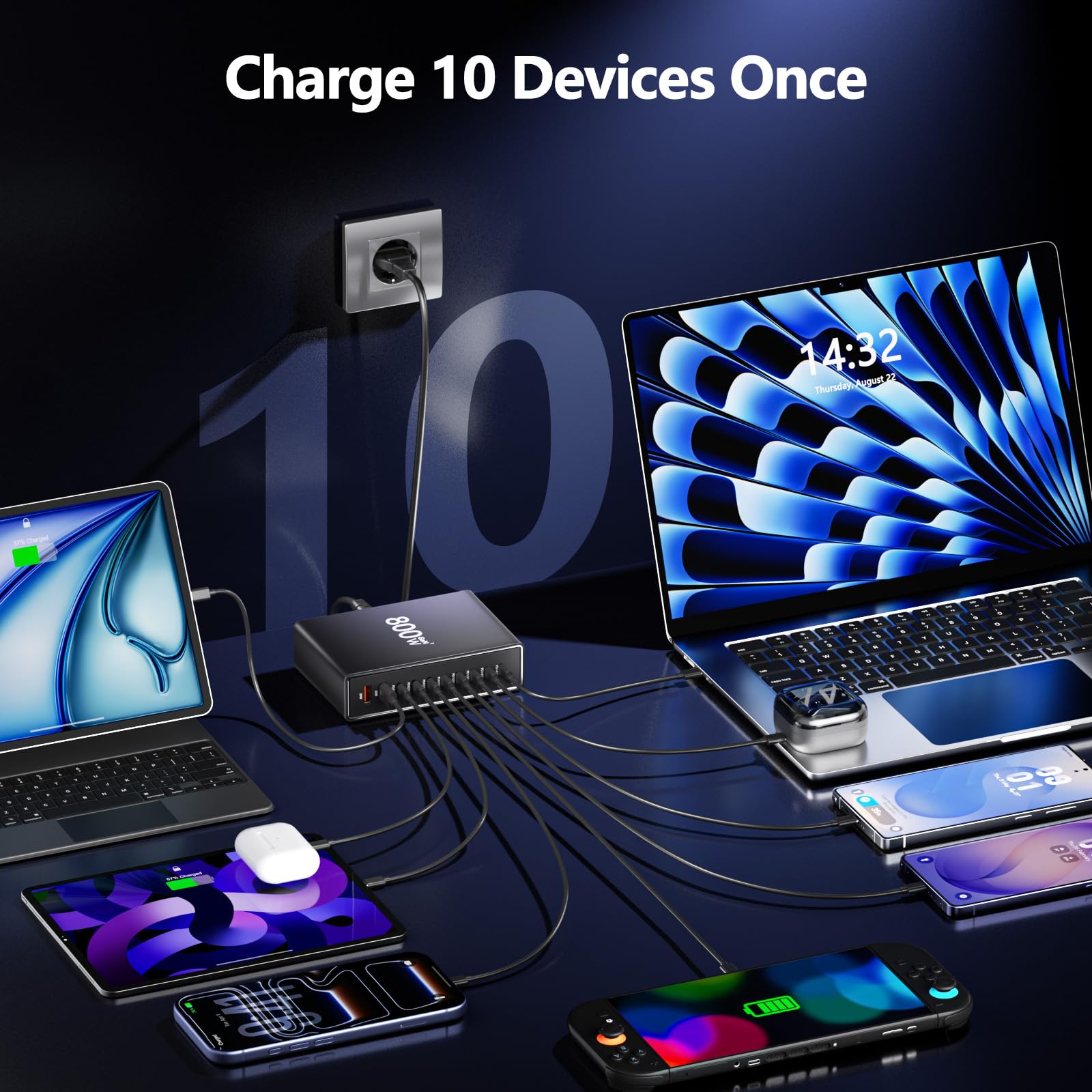 Caricatore USB C da 800W, caricabatterie GaN con 10 porte USB e 2 cavi C-a-C da 240W lunghi 2m ciascuno, caricabatterie multiple compatibile con MacBook Pro/Air/Dell/iPhone/Galaxy/tablet/cellulari