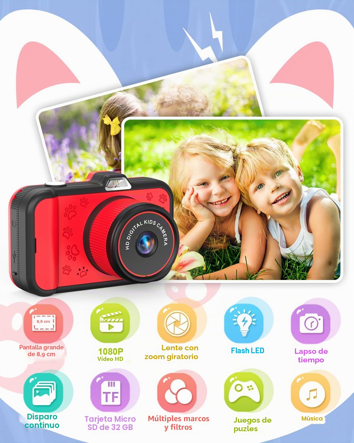 Camara Fotos Infantil, Pantalla Grande de 3,5 Pulgadas 1080P HD 48 MP Cámara para Niños con Lente de Zoom Giratorio 360° Flash LED Juguete de Regalo para Niños para 3 4 5 6 8 7 9 10 Años Niños Niñas