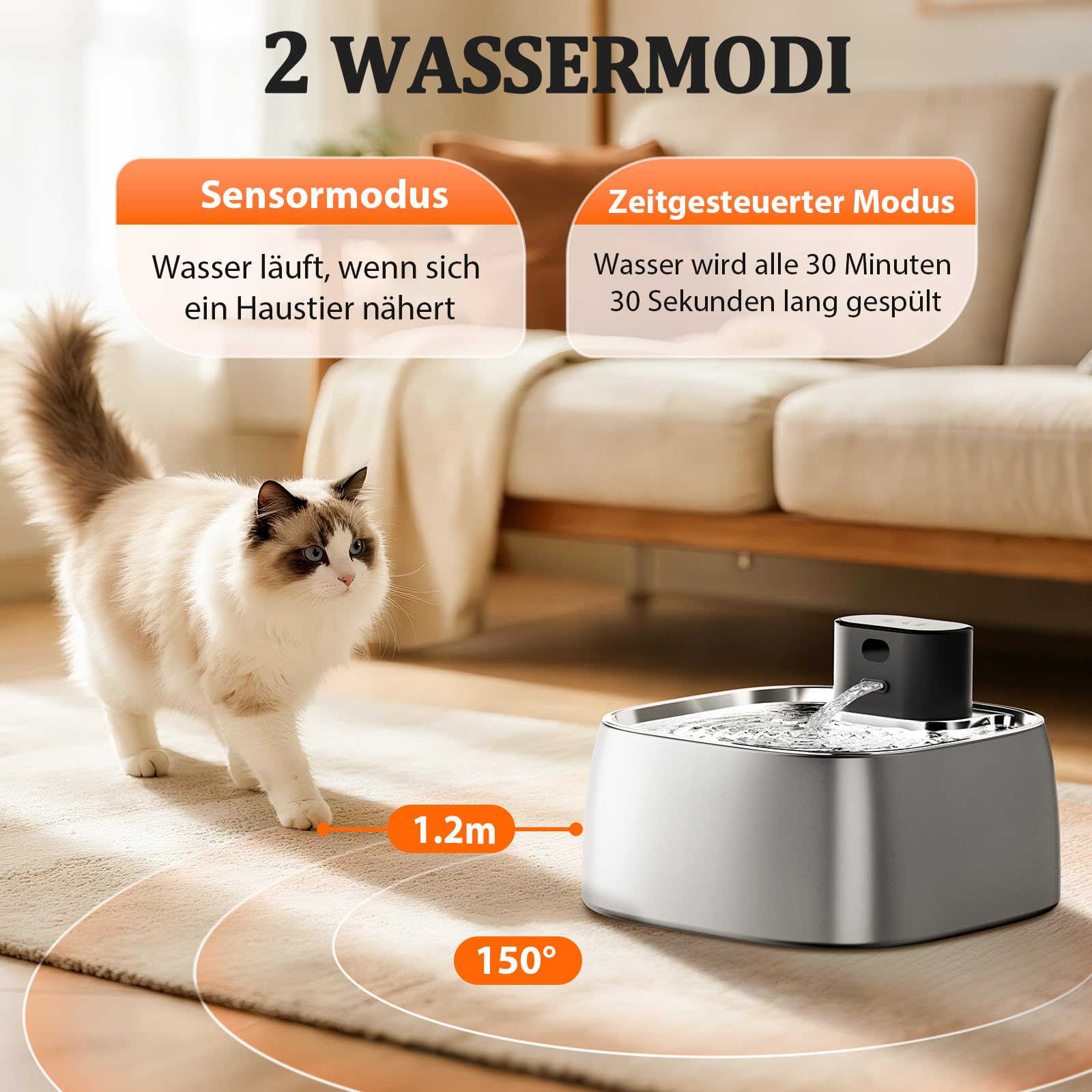 ROTTOGOON 3,2L Katzenbrunnen Kabellos mit Bewegungssensor Edelstahl | Batteriebetrieben Katzen Trinkbrunnen 4000mAh, Katzentrinkbrunnen Ohne Pumpe, Leise Wasserbrunnen für Katze