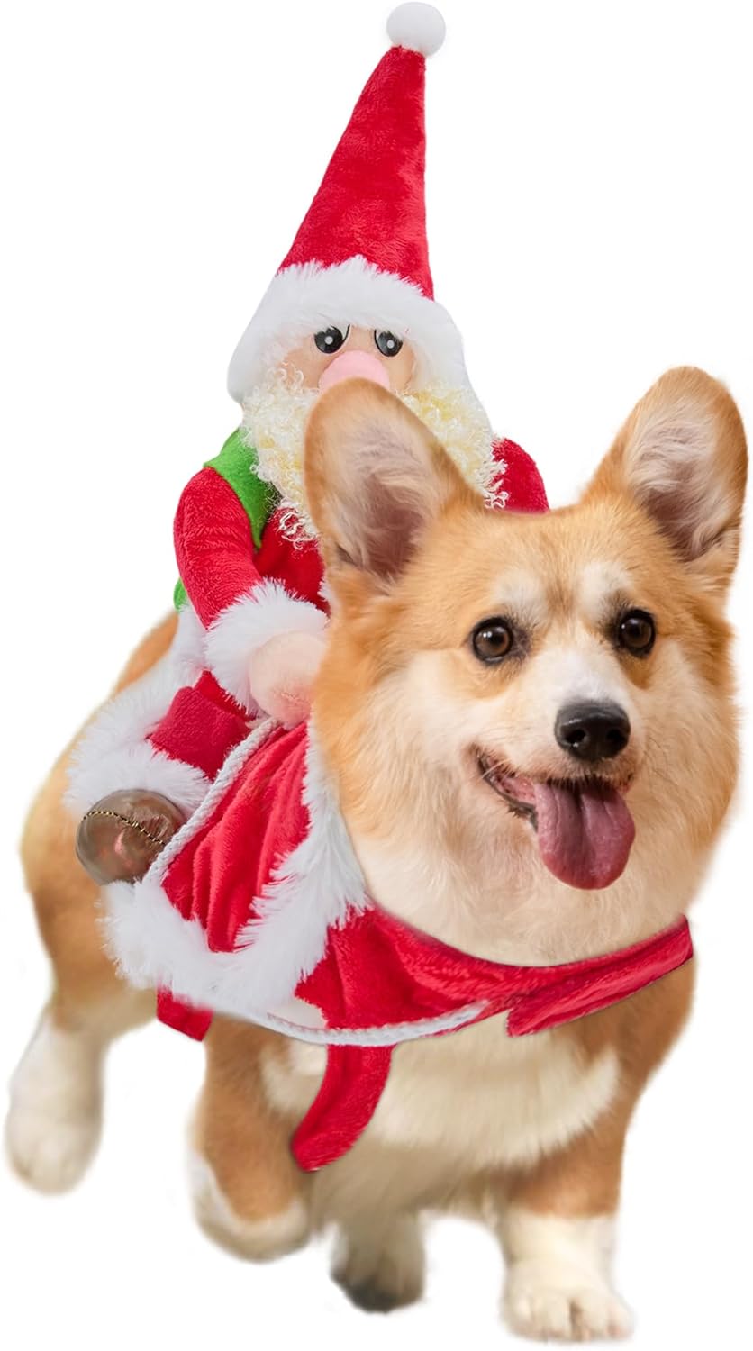 DELIFUR Santa Dog Costume Christmas Pet Clothes Santa Claus Riding Pet Cosplay Costumes Party Dressing up Dogs Cats Outfit for Small Medium Dogs (X-Large)