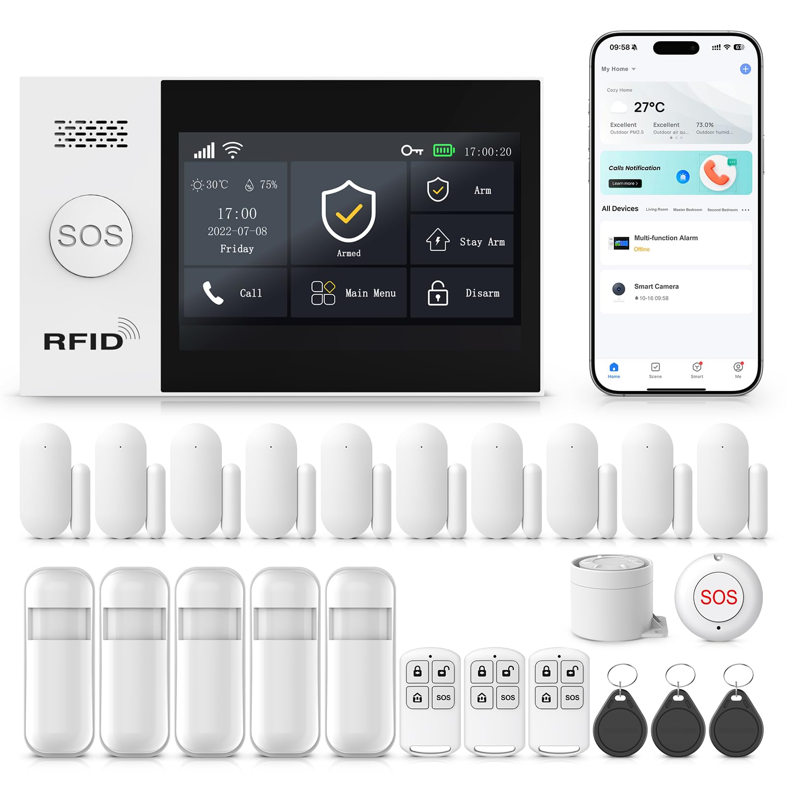 4,3 Zoll Touchscreen Alarmanlage für Haus 4G, 24-teiliges WLAN Alarmanlage Haus, Wohnung mit Sirene, 5 PIR-Bewegungsmelder, 3 Fernbedienungen, 10 Fenster-/Türsensor