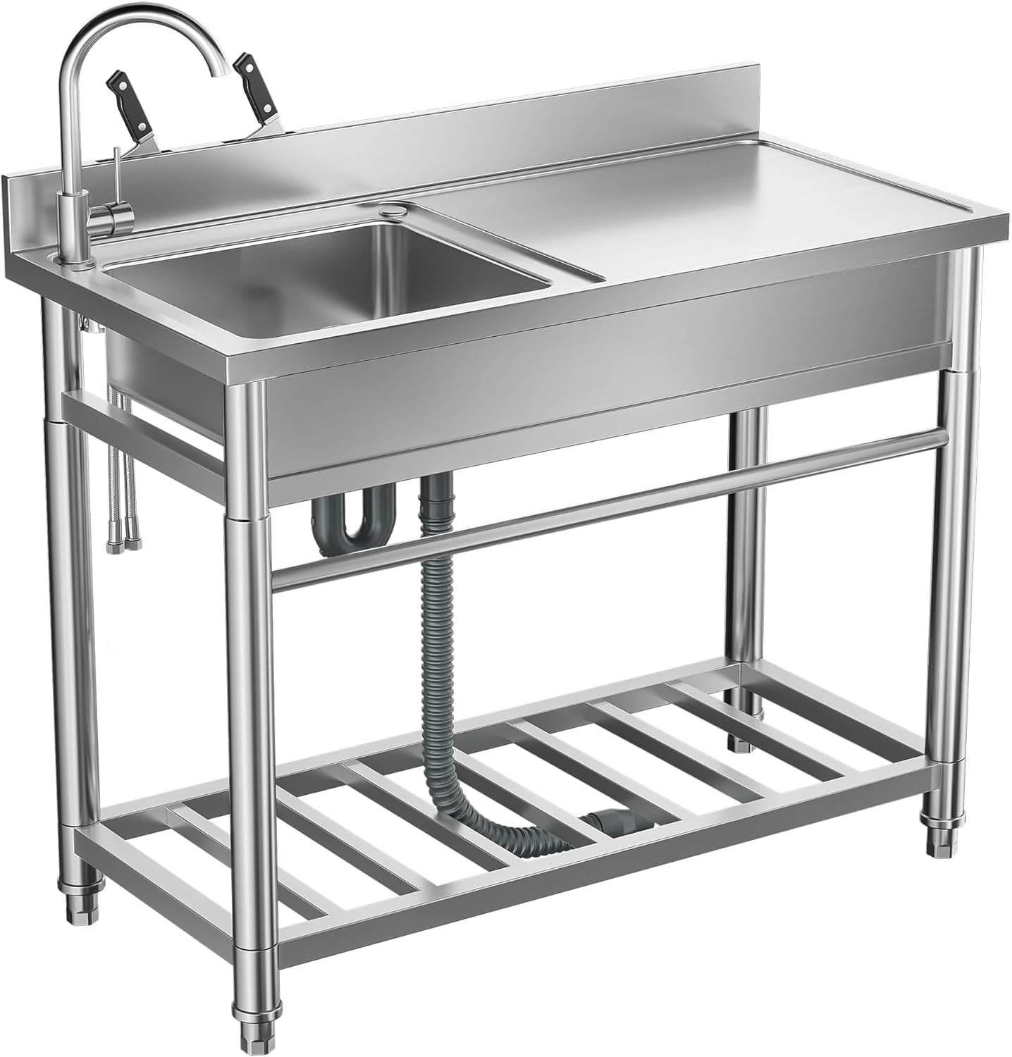 ZYCHSJXA Stainless Steel Kitchen Sink, Single Bowl Free Standing Utility Catering Sinks Unit，Freestanding with Work Surface and Cold Water taps,Kitchen Sink Stand
