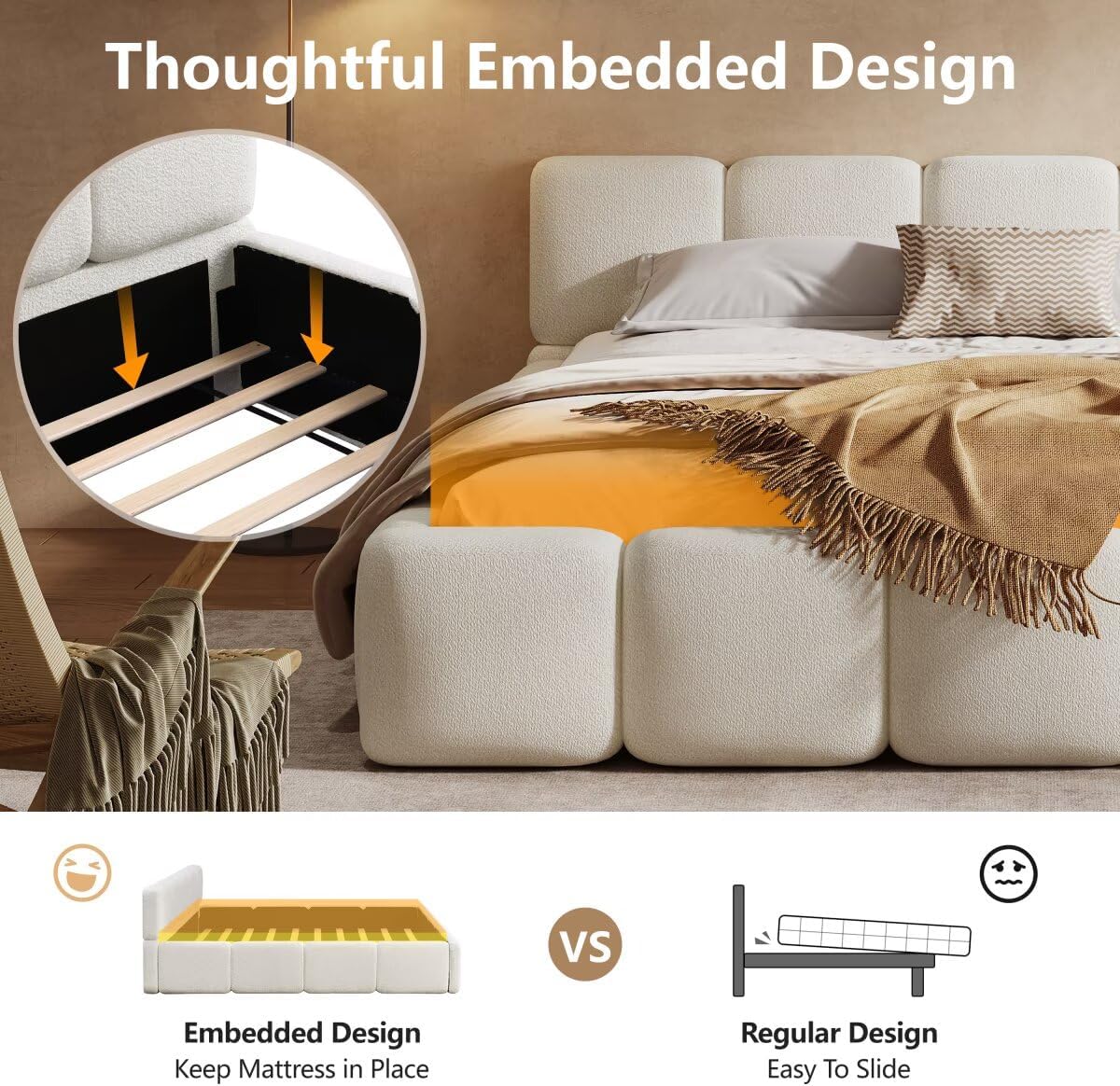 Queen Size Bed Frames with Headboard, Boucle Thick Headboard and Footboard, Upholstery Grounded Beds Frame, Block Style, White