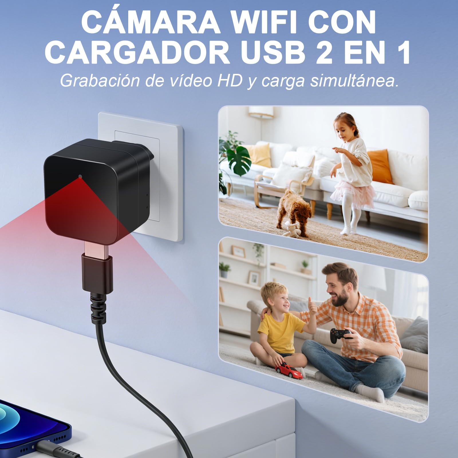 Cámara Espía WiFi 5G, Cámara Oculta con Cargador USB, Mini Cámara Espía WiFi HD 1080P con Detección de Movimiento y Grabación en Bucle para Visualización Remota - Normas de la UE