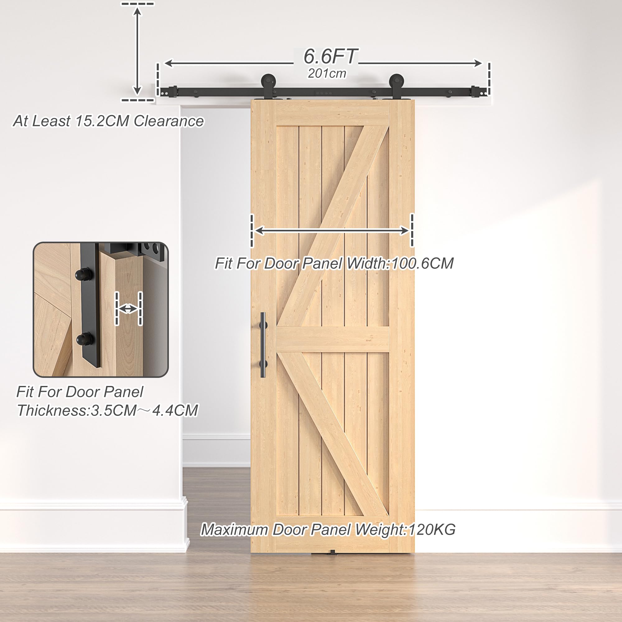 Kit de puerta corredera de 201 cm, kit de puerta corredera de madera individual, kit de puerta corredera de granero resistente, puerta corredera negra con carga superior (SD2+6.6-6)