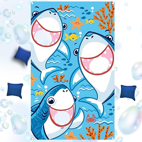 Blulu Juego de lanzamiento de bolsas de puf de tiburón para niños con 3 bolsas de frijoles de tiburón, decoraciones de fiesta de cumpleaños de
