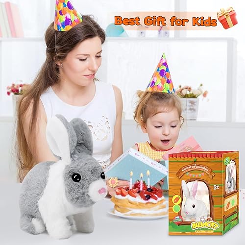 Miniatura 7 de Bilinott Juguete animado de conejito de peluche - Animal de peluche interactivo saltando y chirriando conejo gris