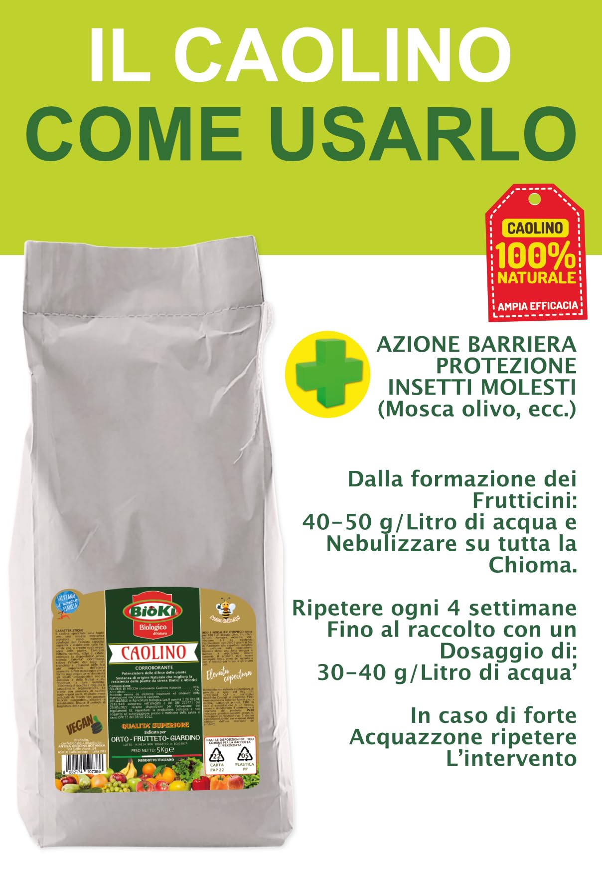 CAOLINO PER AGRICOLTURA -CORROBORANTE E POTENZIATORE DELLE DIFESE NATURALI DELLE PIANTE - "CAOLINO POLVERE DI ROCCIA" SACCO DA 5 KG