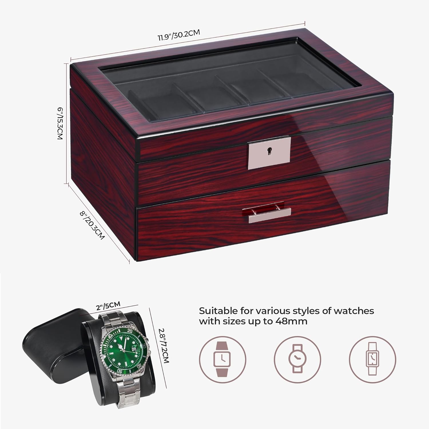 ANWBROAD Watch Box 20 Slot Watch Cases for Men with Large Glass Lid 2-Tier Watch Display Case Lockable Wooden Watch Organizer Elegant Watch Holder for Women UJWB002Y - Image 6