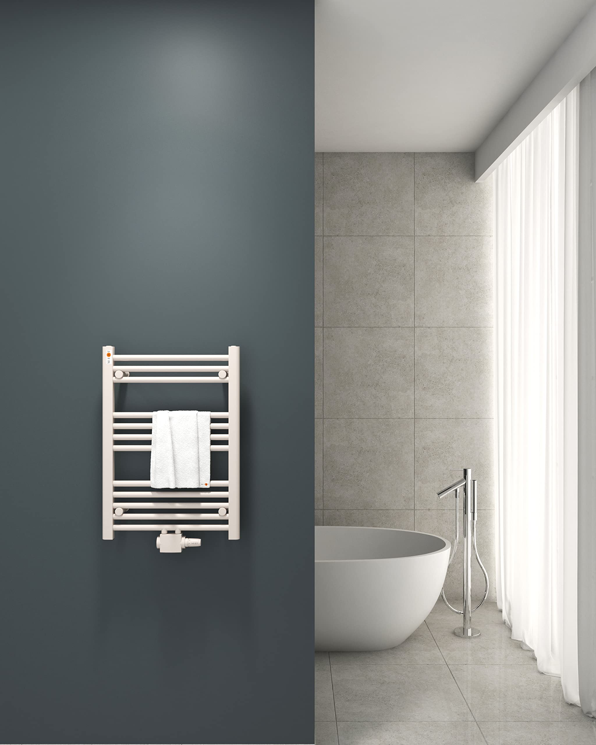Mert Heizung mit Thermostat Fernwärme Warmwasser Bad-Heizung 700x500 Bad-Heizkörper 1/2 Zoll Mittelanschluss 50 mm weiß Handtuchhalter für Wandmontage