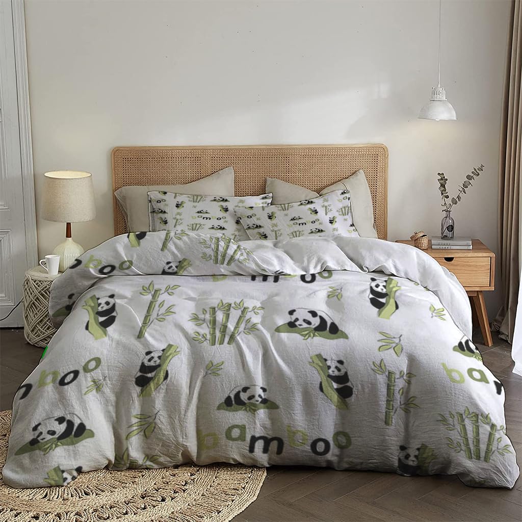 NIBAINLO 布団カバーかわいいパンダの竹の茎と白い色の竹の文字 肌に優しい ピーチスキン加工 掛け布団カバー 和式 洋式 あったか 布団カバーセット リバーシブル ホームステイ ホテル 家庭兼用