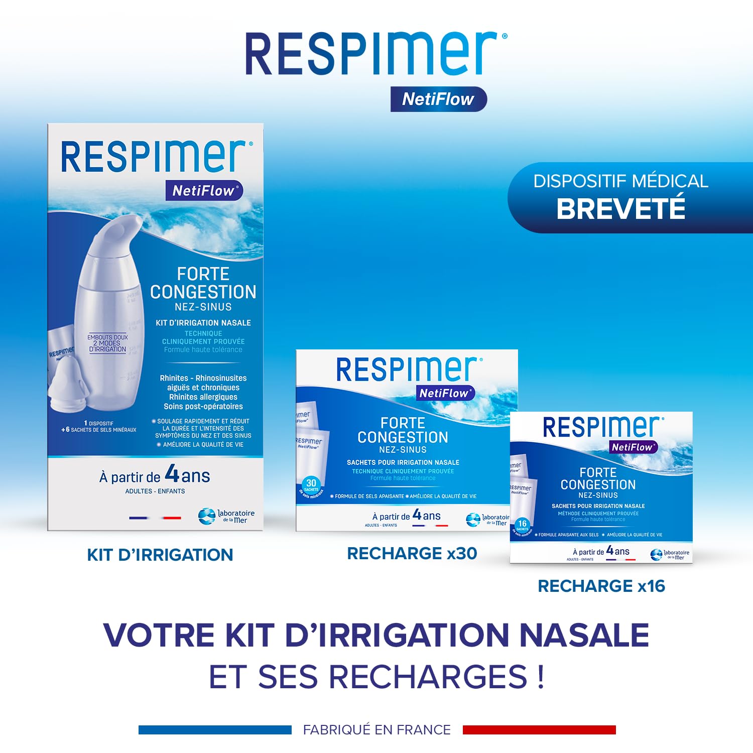 RESPIMER NetiFlow 16 Sachets Sels Minéraux Lavage Nez Recharge Irrigation Nasale Rhinites Rhinosinusites