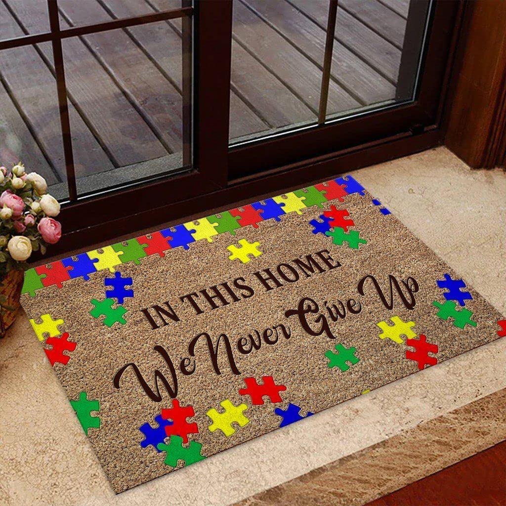 St. Patrick's Day Doormat Welcome Bathmat in This Home We Never Give Up Autism Awareness Jigsaw Doormat Home Decor Easter Welcome Carpet Floor Mats Porch Rugs 18 x 30 In