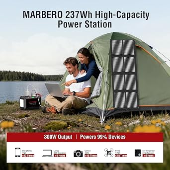 Portable Power Station 300W MARBERO 237Wh Camping Solar Generator Backup Lithium Battery with Pure Sine Wave 110V AC Outlet, USB C, USB A, DC for Outdoors Camping CPAP Home Blackout Emergency | Backup Lithium Battery with Pure Sine Wave 110V AC Outlet, USB C, USB A, DC for Outdoors Camping CPAP Home Blackout Emergency
