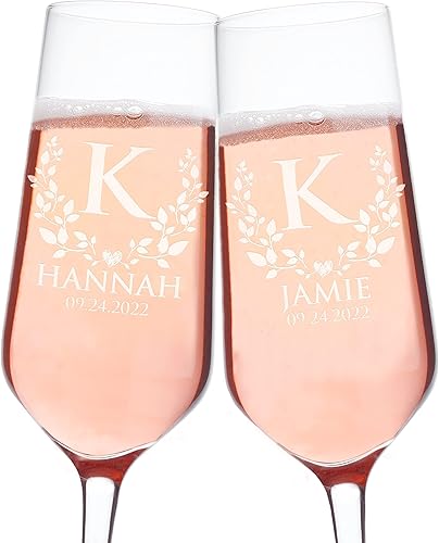 Juego de 2, copas de champán para novia y novio, copas de champán de boda personalizadas con nombres, fecha de boda con hojas y corazón, flautas de