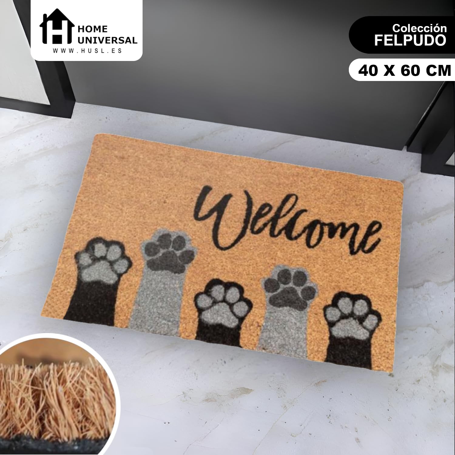 H.U.S.L HUSL | Felpudos 60x40CM Fibra de Coco | Base Antideslizante de Caucho | Apto para el Exterior (Welcome Manos de Gato, 60X40CM)