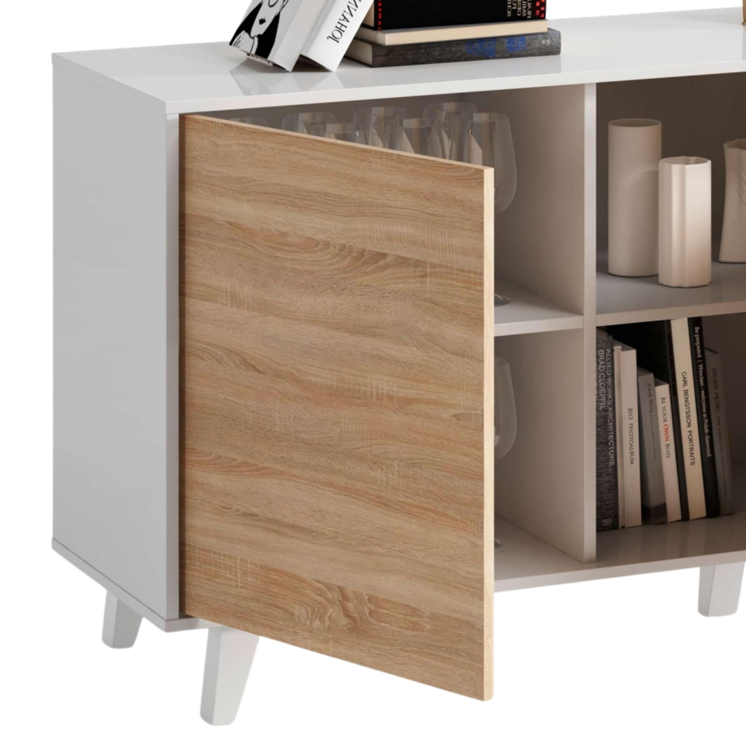 Habitdesign – Aparador Buffet 3 Puertas para Salón o Comedor, Aparador con Patas, Color Blanco Brillo y Roble Canadian, 154x41x75 cm - Zaiken Plus