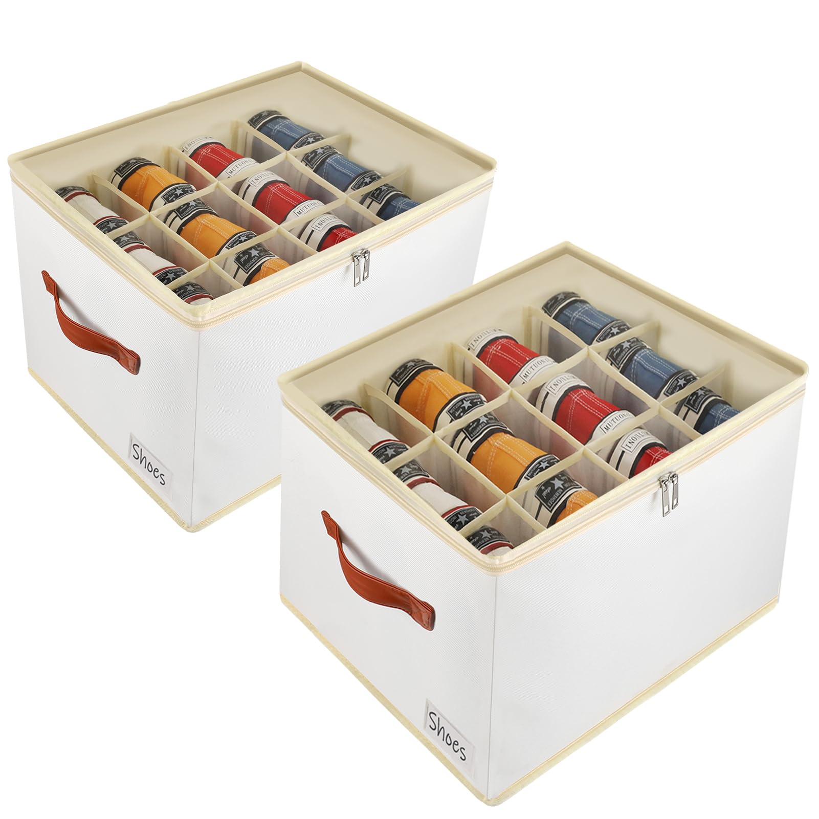 Patinao White 2 Pack Shoe Storage Box Organiser For Closet - 24 Cell Space Saver Shoes Containers Bin With Clear Lids Stackable, Can Fit Ottoman, Foldable Shoe Rack Cabinet Cubby For Wardrobe