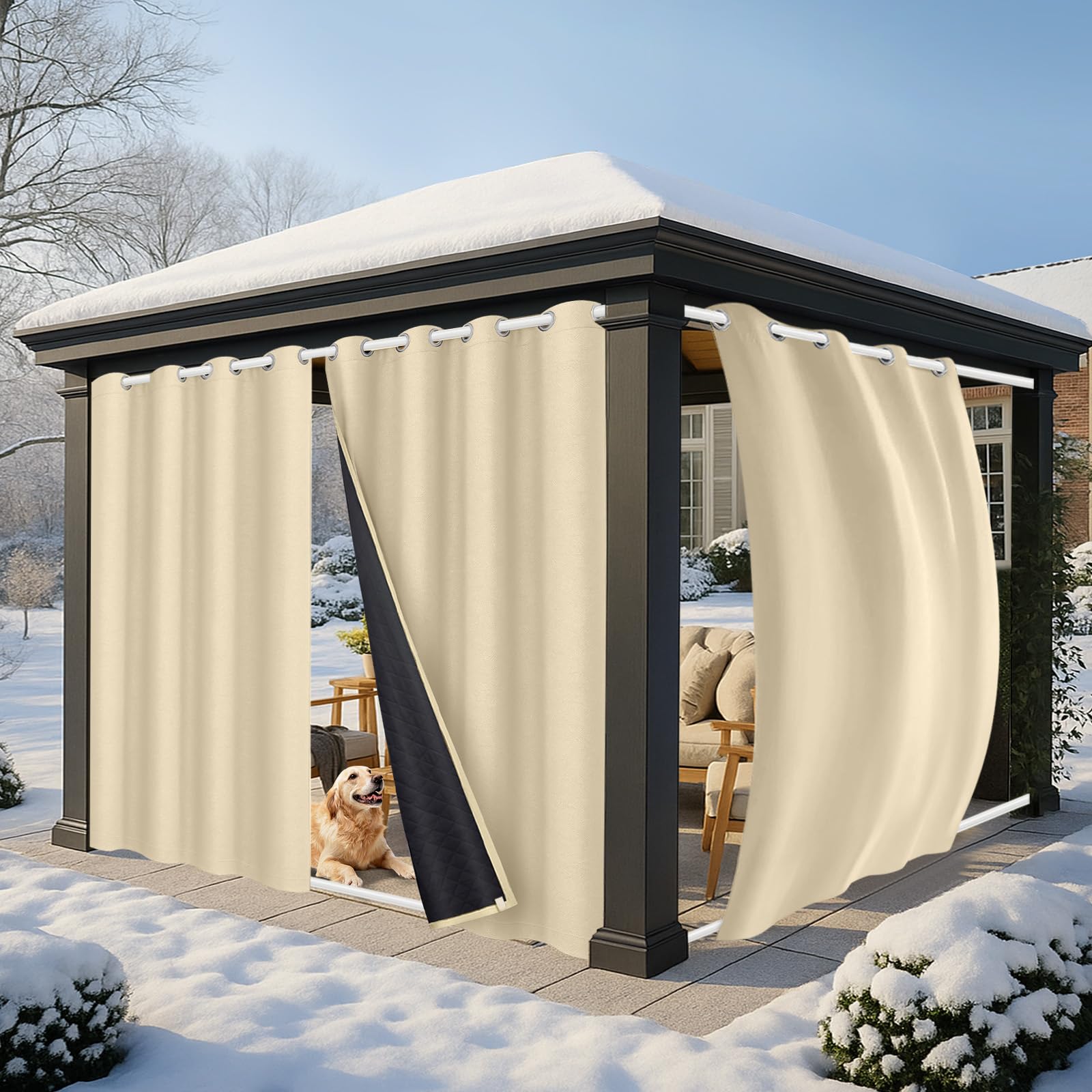 2er Set Dicke Thermovorhang Kälteschutz Outdoor Vorhang Wetterfest mit ösen, Thermo Vorhang Gegen Kälte Outdoorvorhänge, Wärmeschutzvorhang für Terrasse Garten Balkon(H213 x B132 cm, Beige)