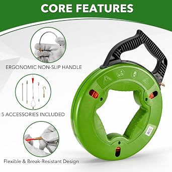 Pindex 30 m Fiberglass Fish Tape in Reel 4 mm with 5 Cable Puller Rods | Cable Puller Tool Through Wall, Pulling Wire Cable in Conduit, Flexible to Get Around Bends