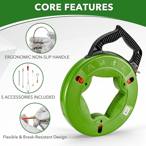 Pindex 30 m Fiberglass Fish Tape in Reel 4 mm with 5 Cable Puller Rods | Cable Puller Tool Through Wall, Pulling Wire Cable in Conduit, Flexible to Get Around Bends