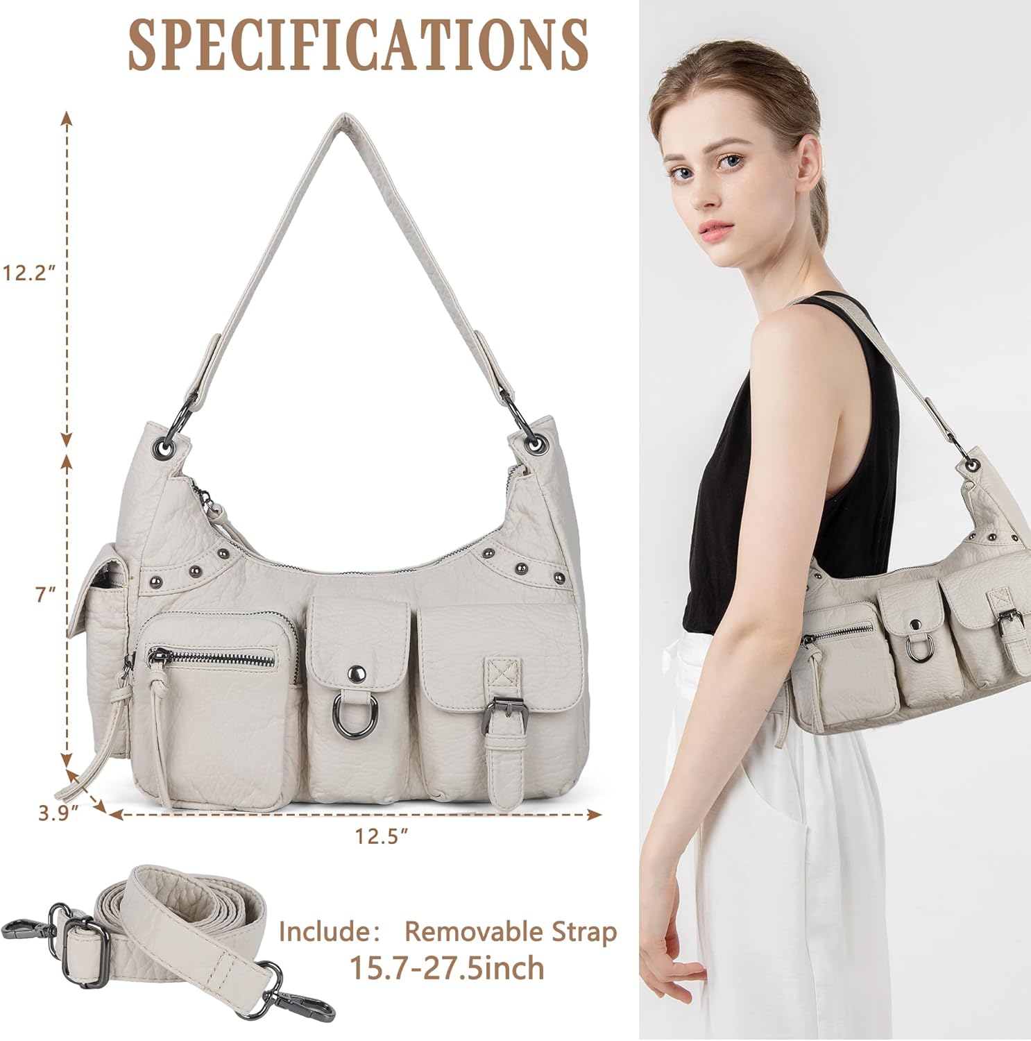 Angel Kiss Hobo Bag for Women Soft Vegan Leather Shoulder Handbag Multi-Pocket Tote Crossbody Bag, Removable Strap - Image 2