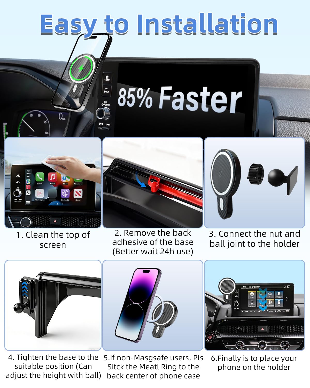 Supporto per telefono da auto per Toyota C-HR CHR 2019 2020 2021 2022 Accessori Schermo da 8 pollici Rotazione a 360 ° Culla per smartphone Supporto magnetico 15W Caricabatterie wireless veloce