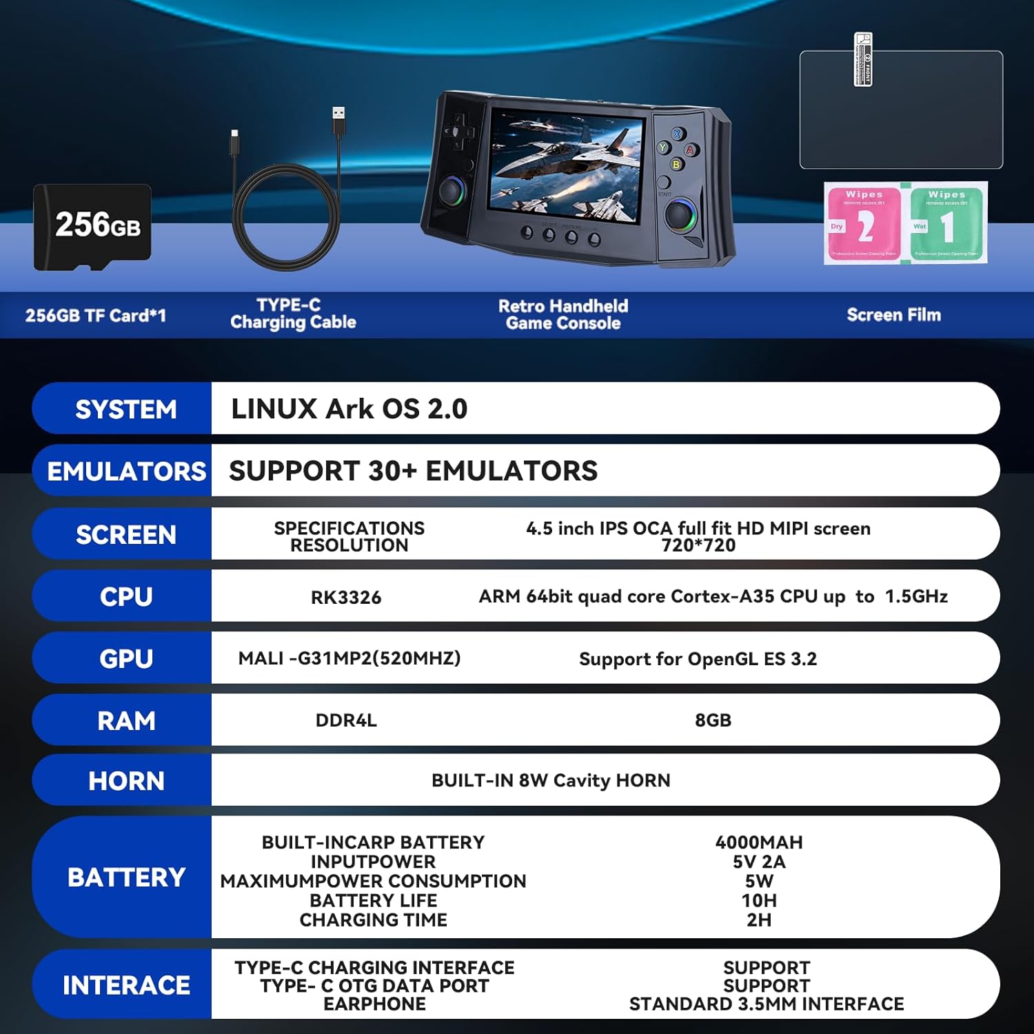 2025 Upgraded Handheld Game Console, 4.5 Inch IPS Screen, 50000 Preloaded Games, 256GB Storage, 4000mAh Battery, Portable Retro Gaming Device (Black)