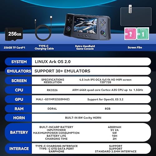 Miniatura 6 de Consola de juegos portátil R50 actualizada 2025, pantalla IPS de 4.5 pulgadas, 40000 juegos precargados, 256 GB de almacenamiento, batería de 4000