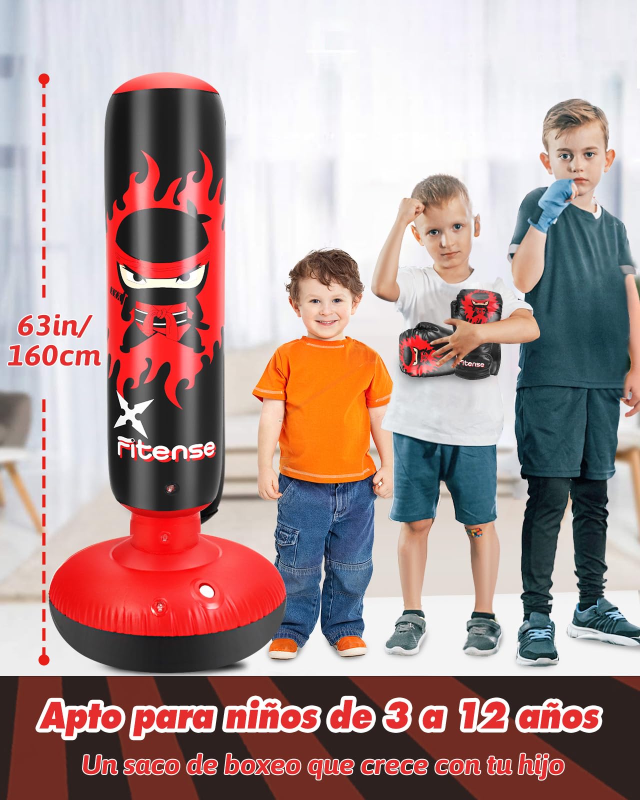 Fitense Saco de Boxeo Niños, 160cm Boxeo Saco Inflable con Guantes y Bomba, Punching Ball Estable para Niños y Niñas, Set Regalo Saco de Boxeo de Pie para Práctica de Karate, Taekwondo, MMA,Rojo Ninja