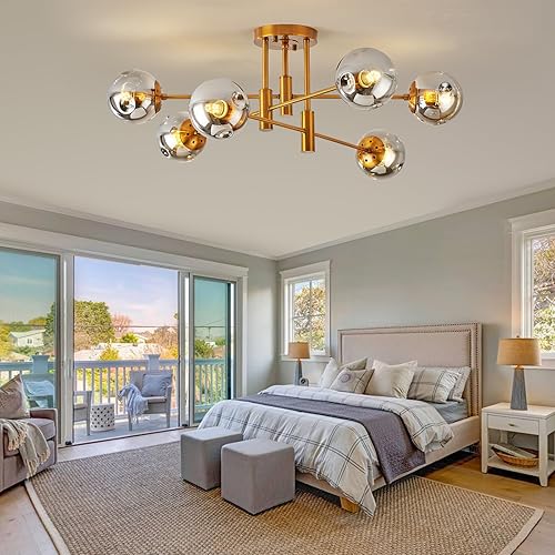 Miniatura 8 de Lámpara de araña de 6 luces dorada con cubierta esférica de vidrio Sputnik, lámpara de techo de 34" de gran tamaño para comedor, lámparas de araña