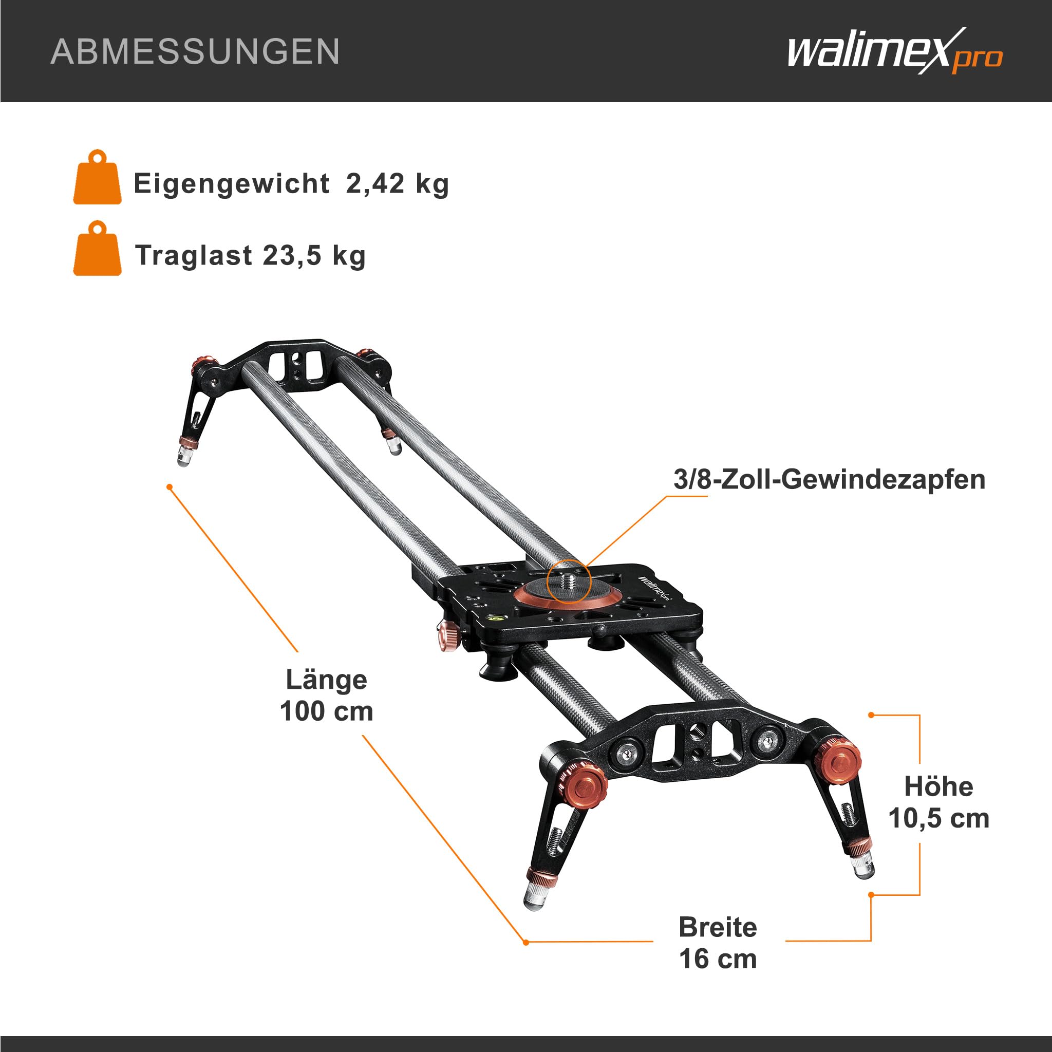 Walimex Pro Carbon Video Slider Pro ­ Raíl para desplazamientos de cámara sin sacudidas, Incluye Bolsa de Transporte y Nivel de Burbujas, Color Negro