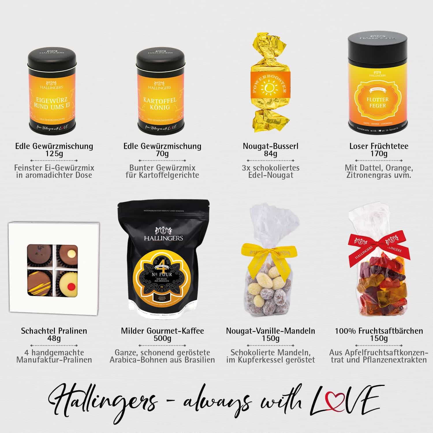 Hallingers Genuss Manufaktur Feinkost Geschenk-Set - XXL-Geschenkkorb "Power Booster" großer Powergruß Öl, Essig, Kaffee, Eistee, Nougat, Pralinen, Schoki & mehr, Geschenkidee für Frauen Männer
