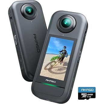 AKASO 360  Action Cam - 5.7K 72MP 360 Degree Action Camera with 64GB Memory Card Dual 1/2 Inch 48MP Sensors 2.29 Inch Touch Screen Invisible Selfie Stick Effect 360  Horizon Lock and AI Tracking
