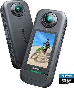 كاميرا أكشن AKASO 360-360 مع فيديو 360 بدقة 5.7K، صور بدقة 72 ميجابكسل، تثبيت فائق السلاسة، قفل أفقي، تتبع الذكاء الاصطناعي، تأثير عصا السيلفي غير المرئية، شاشة تعمل باللمس، مقاومة للرذاذ، بطاقة microSD بسعة 64 جيجابايت