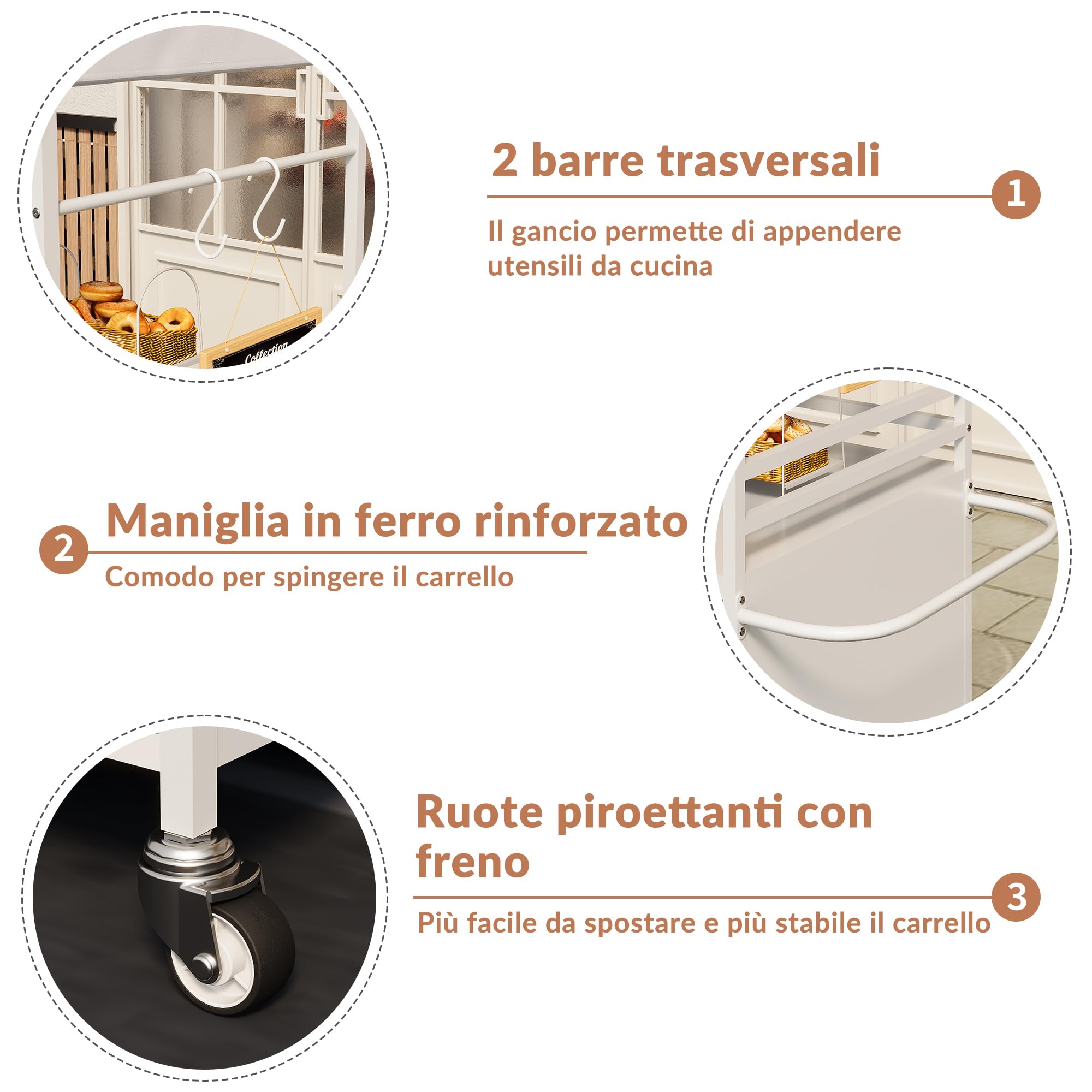 Carretto ambulante portatile con tettoia, carretto mobile per alimenti con ruote bloccabili, espositore da strada alto 215 cm, robusto, ideale per street food, caffè, eventi interni ed esterni.