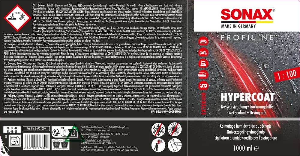 SONAX PROFILINE HyperCoat (1 litro) elimina l'acqua in eccesso Durante Il Lavaggio del Veicolo e Permette alle superfici di asciugarsi Rapidamente | Art. N. 06773000