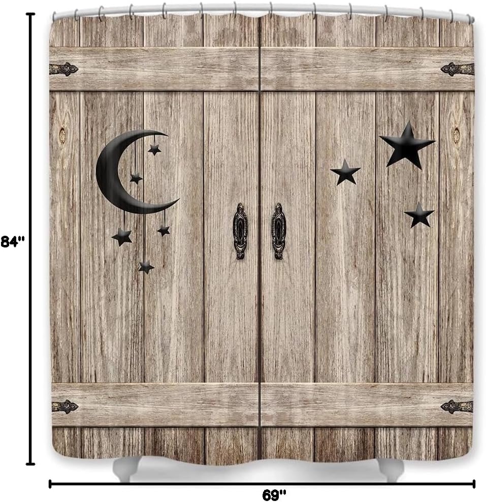 JAWO Country Barn Door Shower Curtain, Rustic Wooden Wood Islam Crescent Moon and Star Shower Curtain Set, Modern Farmhouse Bathroon Shower Curtain, Fabric Shower Curtain, Hooks Included,