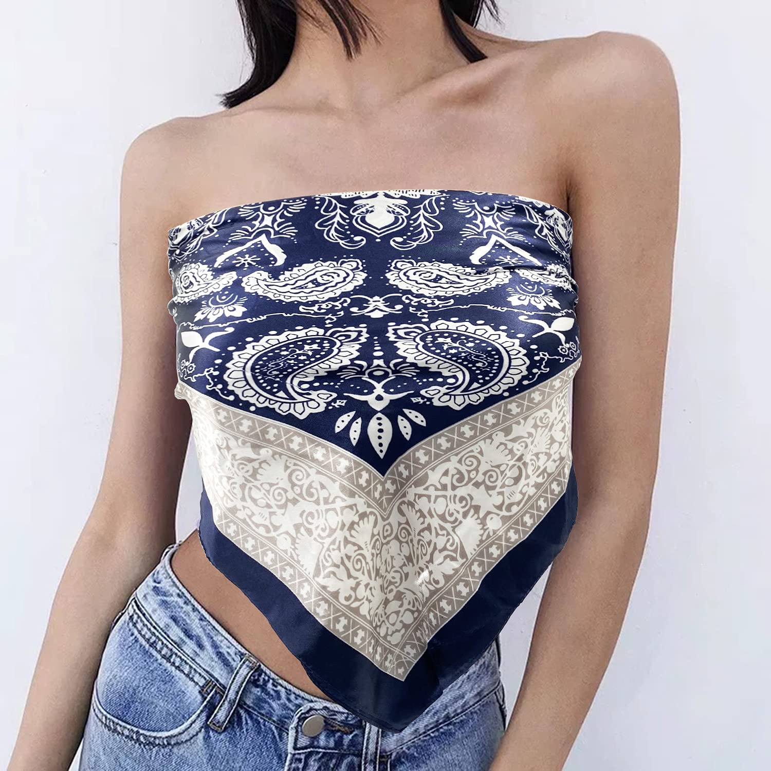 Paquete de 2 bufandas de seda satinada de 35 pulgadas para el cabello, bandana ligera para la cabeza, bufandas para el cuello y la cara para mujer, 2pcs Paisley2 Negro+azul marino 7