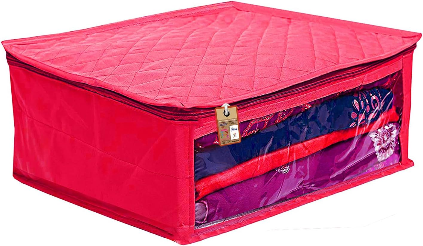 atorakushon Fabric Satin Saree and Blouse Covers Garments Clothes Storage Bag Wardrobe Organizers With Double Zip Lock & Transparent Window Set of 8 (Pink)